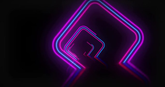 Neon background. 3d flight between neons 4K loopable concept animation. Light blue and pink frames in retro style textless seamless motion.