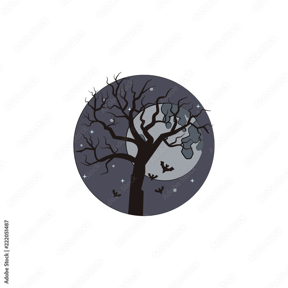 Aufkleber full moon and tree bat colored illustration. element of halloween for mobile concept and web apps. c