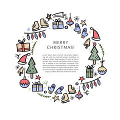 Christmas banner template with christmas decorative elements. Hand drawn vector illustration.