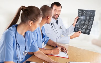 Doctors team talking expertise in hospital