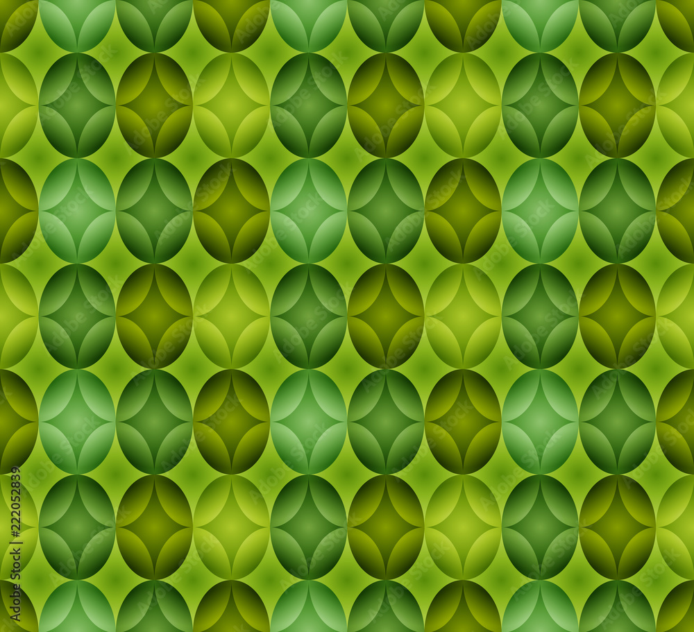 Poster seamless pattern made of oval abstract geometry shapes with inner starts in colors of shades of gree