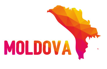 Low polygonal map of the Republic of Moldova (Republica Moldova) with sign Moldova, both in warm colors of red, purple, orange and yellow; sovereign small landlocked country in Eastern Europe