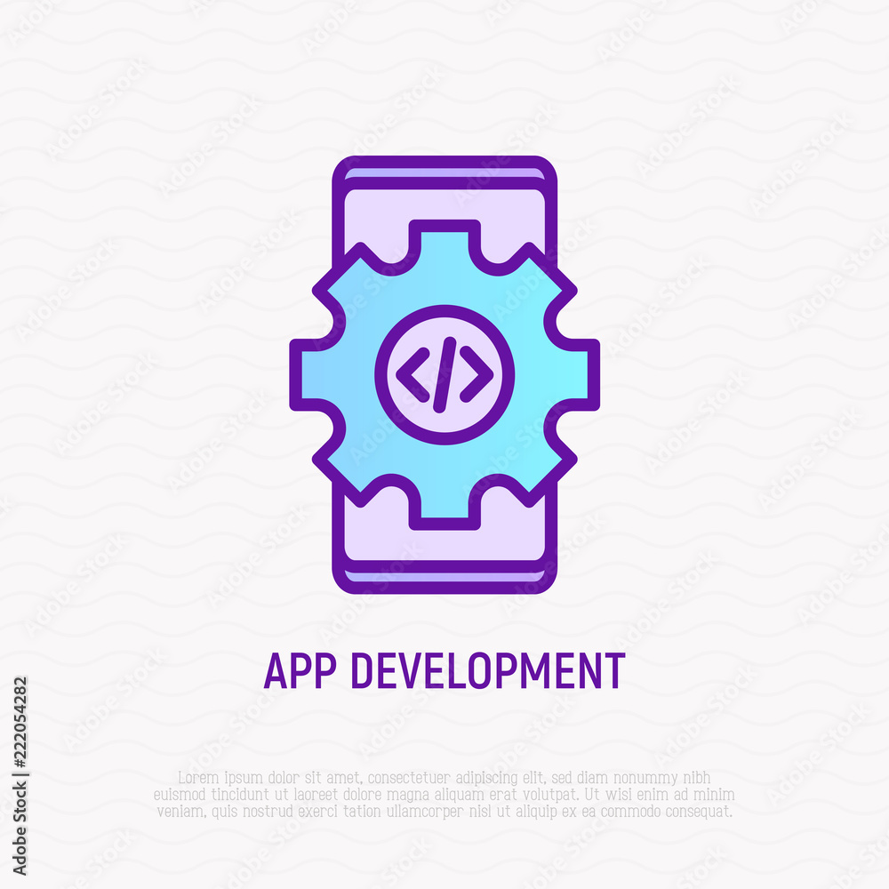 Aufkleber app development thin line icon: smartphone with wheel and coding sign. modern vector illustration.