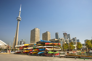 Downtown city view of Toronto Canada from Queens Quay and Lake Ontario