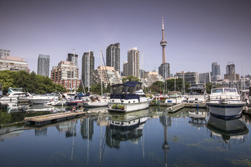 Downtown city view of Toronto Canada from Queens Quay and Lake Ontario