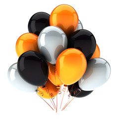 balloons orange white black colorful. helium party balloon bunch birthday decoration glossy, carnival celebration, festival background. 3d rendering