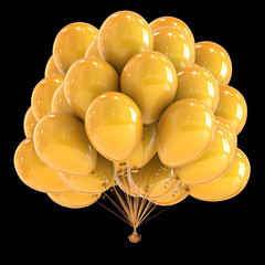 yellow balloons bunch shiny party decoration. birthday helium balloon group. festival, carnival, holiday event, anniversary celebration symbol. 3d rendering, isolated on black © snake3d