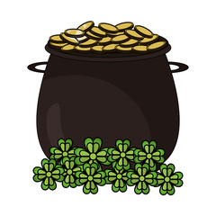 Pot with coins and clovers