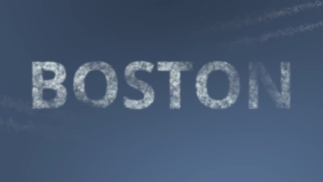 Flying airplanes reveal Boston caption. Traveling to the United States conceptual intro animation
