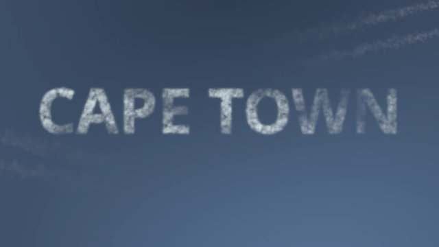 Flying airplanes reveal Cape Town caption. Traveling to South Africa conceptual intro animation