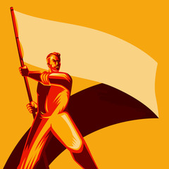 Revolution Poster. Man holding blank flag vector illustration. Political protest activism patriotism. Revolution raising The Flag