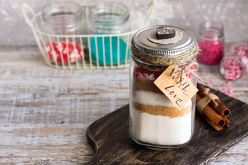 Mixture of ingredients for baking cookies for Valentine's Day