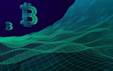 Digital currency symbol Bitcoin on abstract dark background. Growth of the cryptocurrency market. Business, finance and technology concept. 3D illustration. Bit, Coin, mining concept