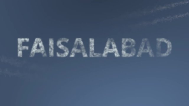 Flying airplanes reveal Faisalabad caption. Traveling to Pakistan conceptual intro animation