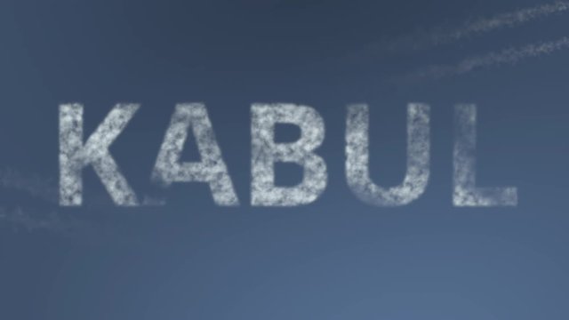 Flying airplanes reveal Kabul caption. Traveling to Afghanistan conceptual intro animation