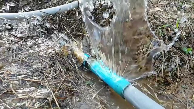 Water is flowing out of the cracked plumbing, slow footage