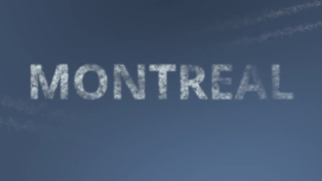 Flying airplanes reveal Montreal caption. Traveling to Canada conceptual intro animation