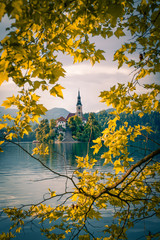 Church in Lake Bled, Slovenia.  Photo taken during the fall with the leaves changing colors. 