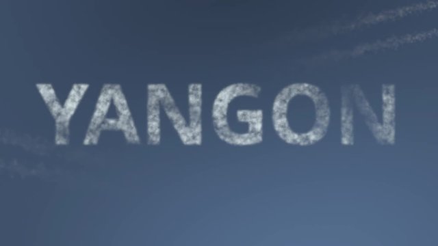 Flying airplanes reveal Yangon caption. Traveling to Myanmar conceptual intro animation