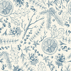 Vector hand drawn seamless pattern with Christmas natural herbal