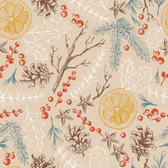 Vector hand drawn seamless pattern with Christmas natural herbal - 222066235