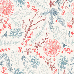 Vector hand drawn seamless pattern with Christmas natural herbal - 222066258