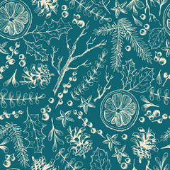 Materiał do szycia Vector hand drawn seamless pattern with Christmas natural herbal