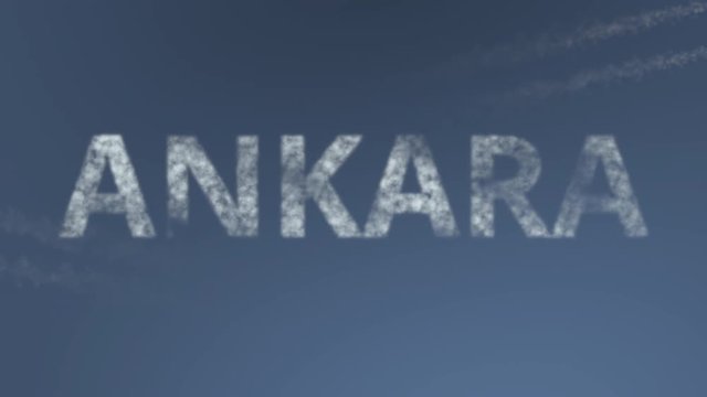 Flying airplanes reveal Ankara caption. Traveling to Turkey conceptual intro animation