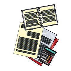 Documents and notebook with calculator scribble