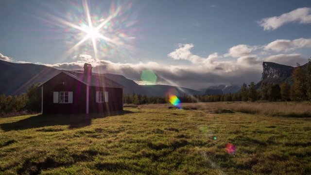 Timelapse Norway UHD - cabin, sun, mountains, national park