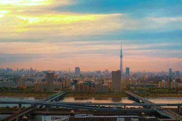 Schilderijen op glas Tokyo, Japan - 25 april 2018: Schilderachtig uitzicht op de stad Tokyo, de hoofdstad van Japan © coward_lion