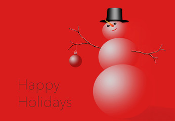 A grey on red snowman is seen in this colorful holiday greeting illustration.