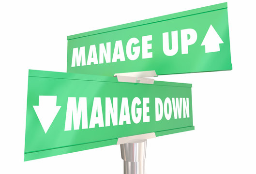 Manage Up Vs Down Executive Management Styles 2 Two Way Road Signs 3d Illustration