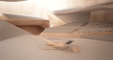 Conceptual abstract design of the interior of the concert hall and grand piano in a modern style. 3D illustration and rendering.