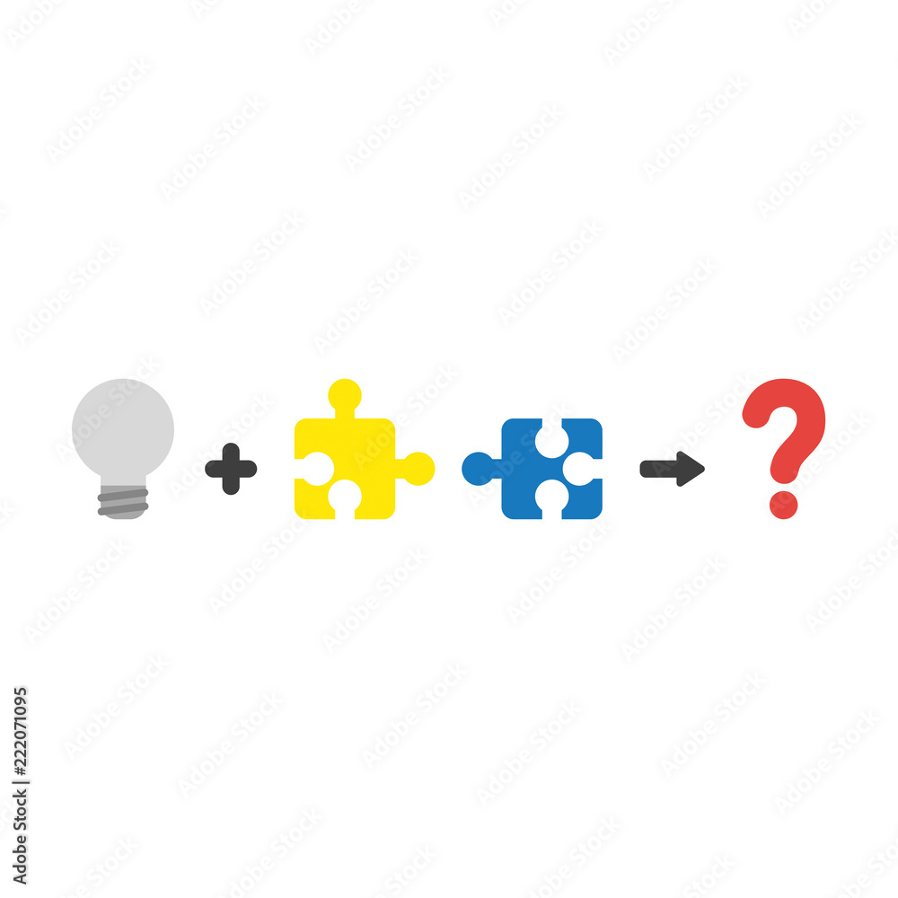 Poster vector icon concept of bad idea grey light bulb plus incompatible puzzle pieces with question mark