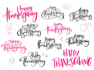 vector hand lettering greeting happy thanksgiving day text set, written in various styles with doodle leaves and dots - 222071087