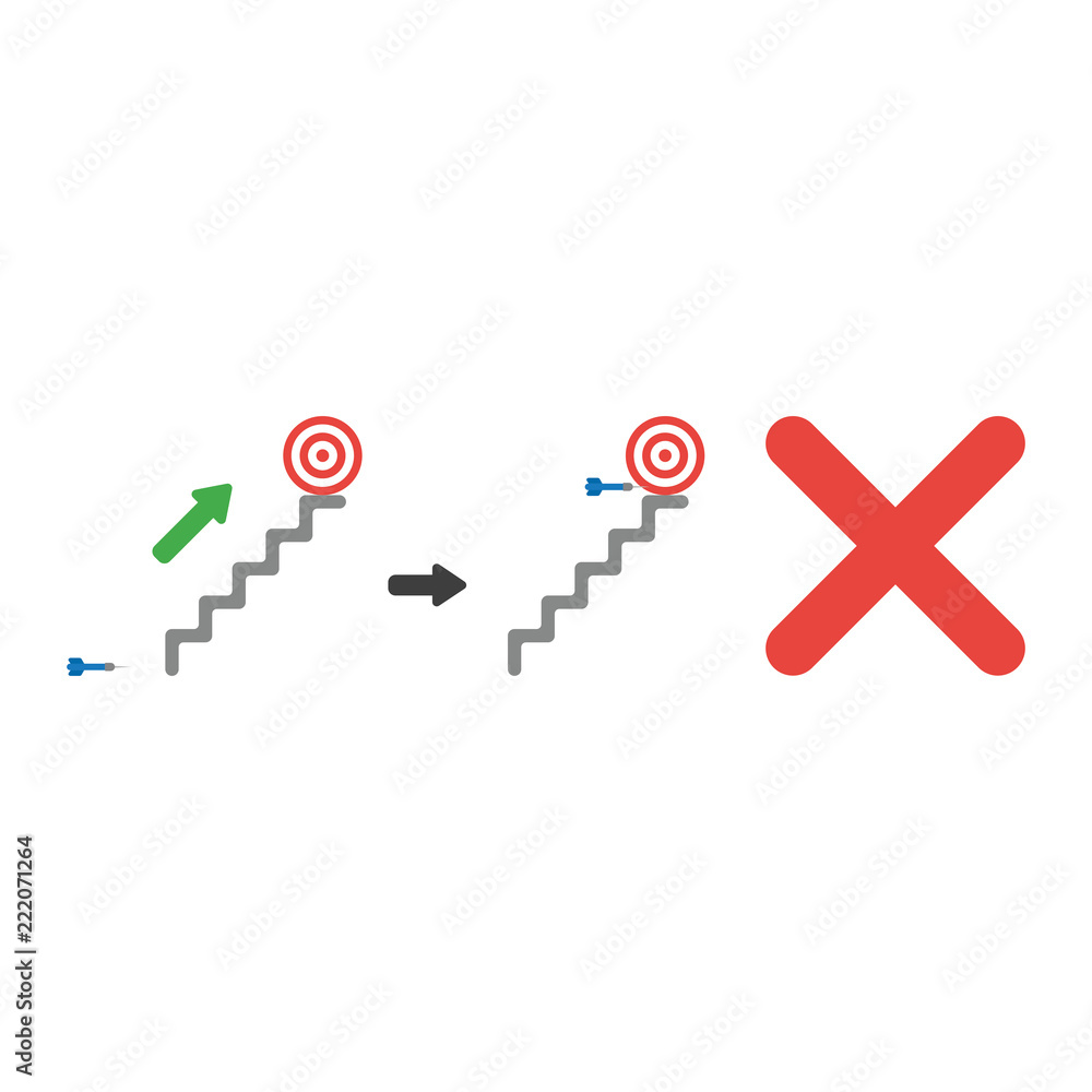 Poster vector icon concept of bulls eye on top of stairs and dart miss the target with x mark