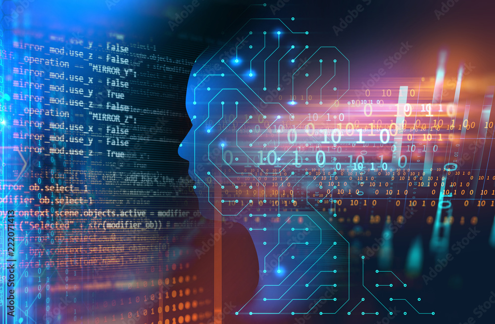 Poster silhouette of virtual human on circuit pattern technology 3d illustration