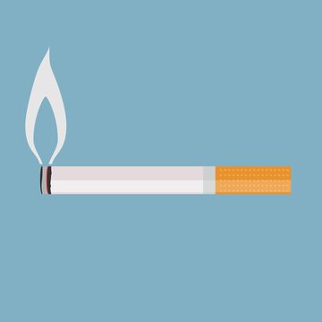 Burning cigarette with a smoke . Vector illustration.