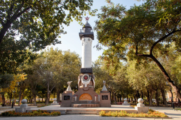 Monument to the military sailors in the city park in the autumn morning. (1)