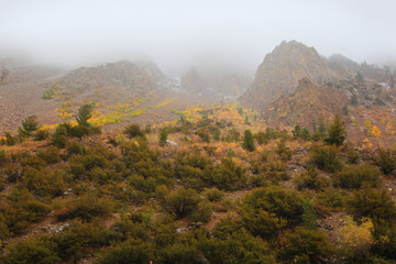 Sierra Nevada mountains in fog cover
