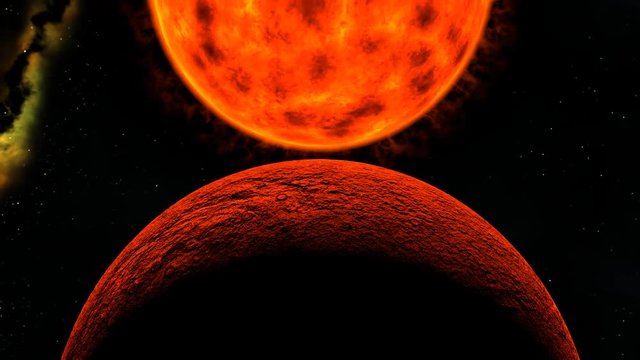 red dwarf star sun eclipse with rocky planet, 3d animation