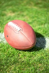 Obraz premium Football Ball On Chalk Line On Grass
