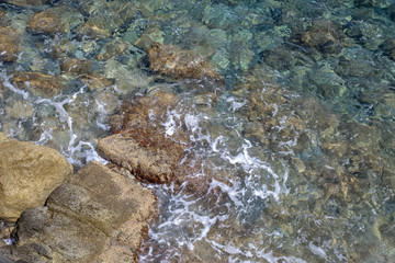 Overhead View of Sea Water Flowing on Rocky Shore