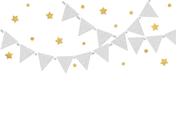 Gold and silver glitter bunting paper cut on white background - isolated