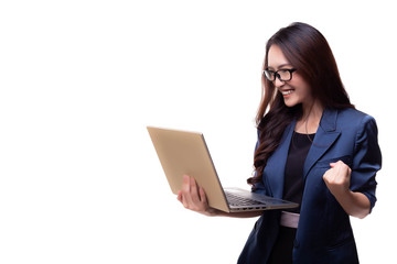 Attractive beautiful businesswoman get successful of business. Charming beautiful woman hold laptop...