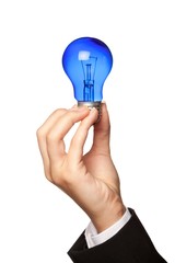 Closeup of Businessperson Holding a Blue Light Bulb