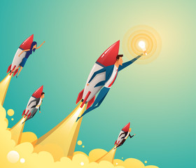 Businessmen team standing on rocket ship flying through on sky. Start up business concept. Vector flat
