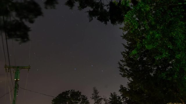 The Big Dipper star castellation moves across the night sky during the stellar timelapse looking through the trees and a telephone pole in a small neighborhood.