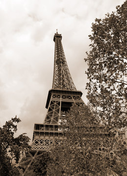 Eiffel tower from behind with sepia toned effect